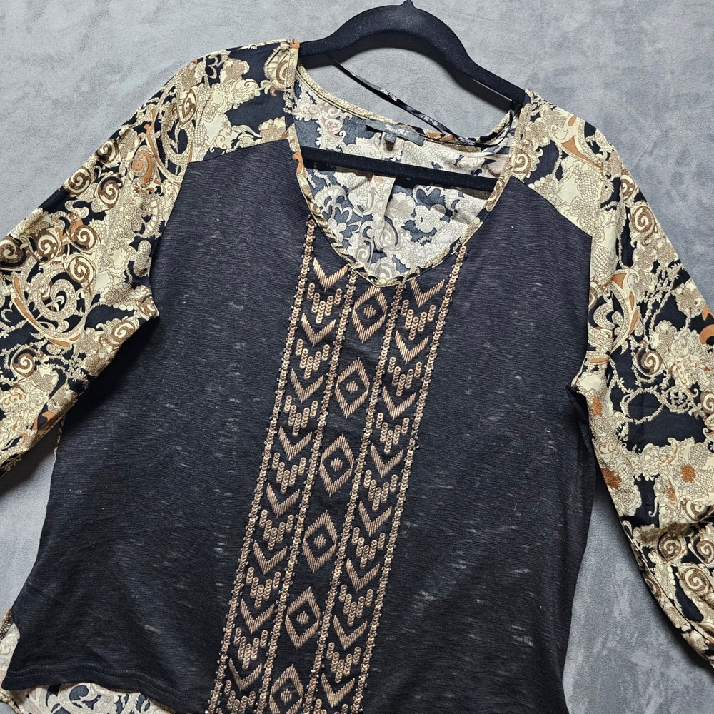 Miss Me Womens Black Paisley Mixed Media Sequin Embellished Top Large MDT520L